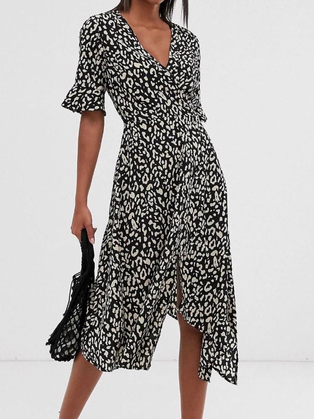 AX Paris Black and Beige Leopard Print Wrap-Style Midi Dress